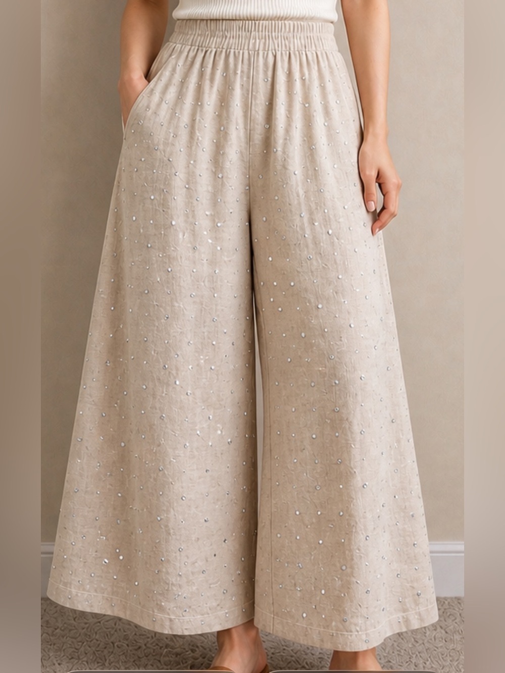 Umgee Beige Wide-Leg Embellished Pants